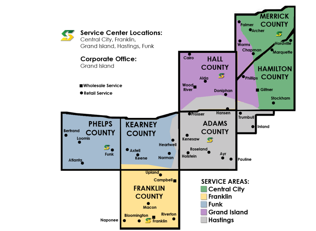 Map of the Southern Public Power district service area including a key listing the 33 towns receiving retail service and the 4 towns receiving wholesale service.